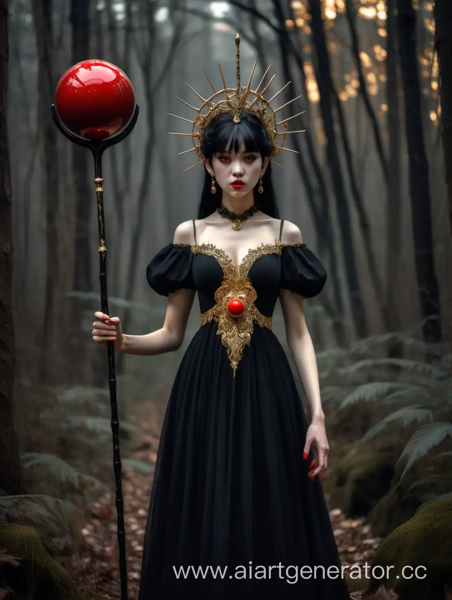 Elegant-Girl-with-Bone-Cane-and-Red-Sphere-in-Enchanting-Forest