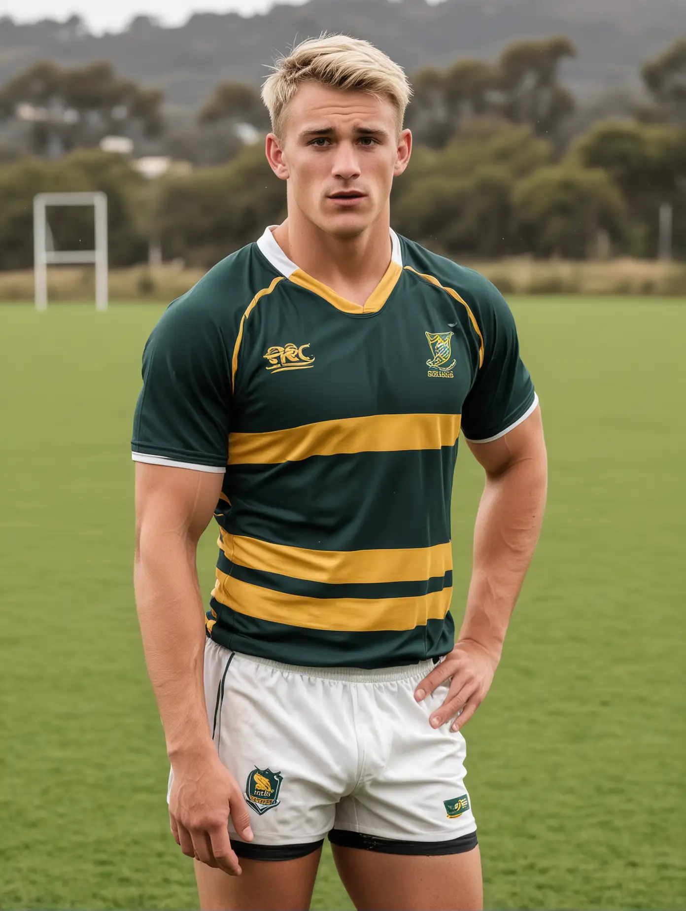 collegiate rugby player, athlete, short black hair, blond highlights, Australian, rugby jersey, rugby shorts, sweaty, young adult, standing, rugby pitch background