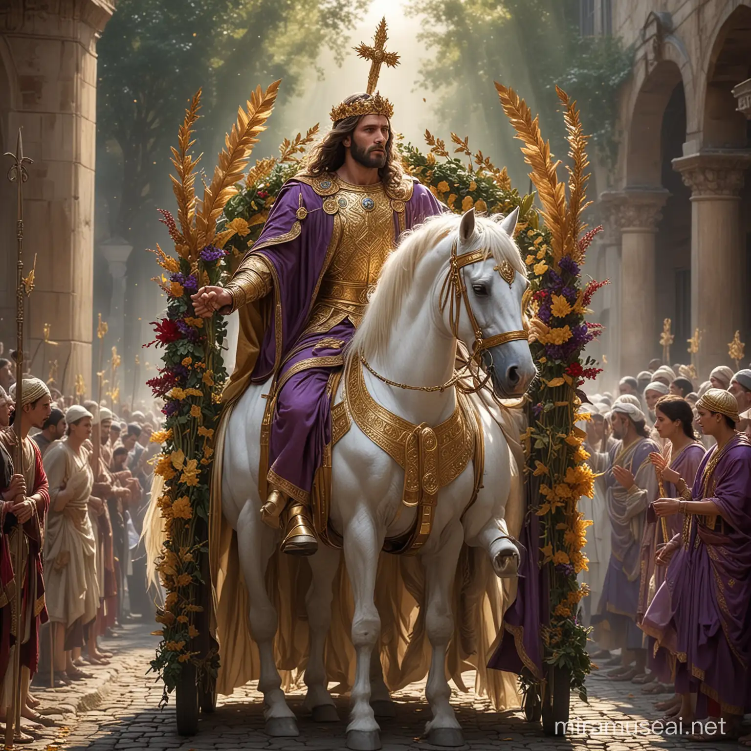 In a scene bathed in celestial light, a towering figure of Jesus christ, reminiscent of the divine, stands tall and victorious in a majestic chariot. His countenance, obscured by the brilliance of radiating light, exudes an aura of transcendence. Clad in regal military attire evoking the grandeur of ancient Rome, his presence commands reverence.

Adorning his head is a resplendent gold wreath, symbolizing his triumph and glory. The golden uniform he wears seems to emit its own ethereal glow, accentuated by a flowing purple robe secured by golden lapels. A jeweled sword rests confidently at his side, a testament to his authority and power.

Beside him, an empty seat in the chariot is adorned with a robe akin to his own, and a golden wreath of leaves stands as a poignant reminder of absent glory. The chariot, a marvel of craftsmanship adorned with precious gems, is pulled by two noble white horses, their muscular forms propelled forward by golden harnesses.

Behind the chariot, a figure bound in chains, naked and defeated, is dragged along the cobbled streets. His bowed head and dejected demeanor speak of his submission to the triumphant figure ahead. In his wake, a host of similarly bound creatures, pale and diminutive, bear the weight of their captivity.

Yet, amidst the spectacle, a diverse company of onlookers from every tribe and nation gathers. Cloaked in white robes and waving palm branches, they exude jubilation and exaltation. Their cheers and applause fill the air as they witness the triumphant procession, their joy palpable.

Interwoven among them are angelic beings, their celestial forms adding to the sense of awe and wonder. As they watch the spectacle unfold upon streets paved with golden cobblestones, they join in the chorus of celebration, a testament to the divine victory that has captivated them all.





