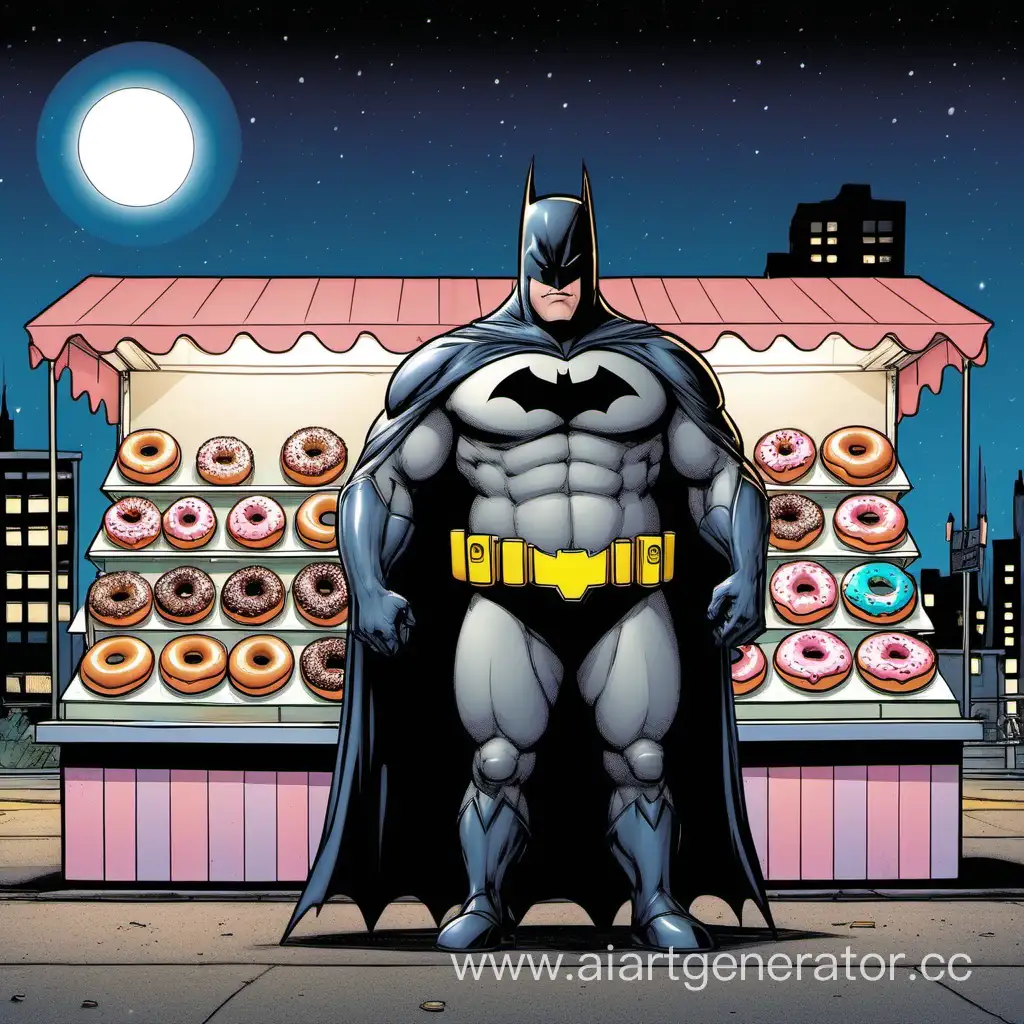 Толстый Бэтмен смотрит на лавку с пончиками во время ночи