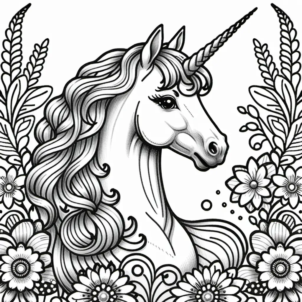 Whimsical Unicorn Coloring Book Illustration for Relaxation and Creativity