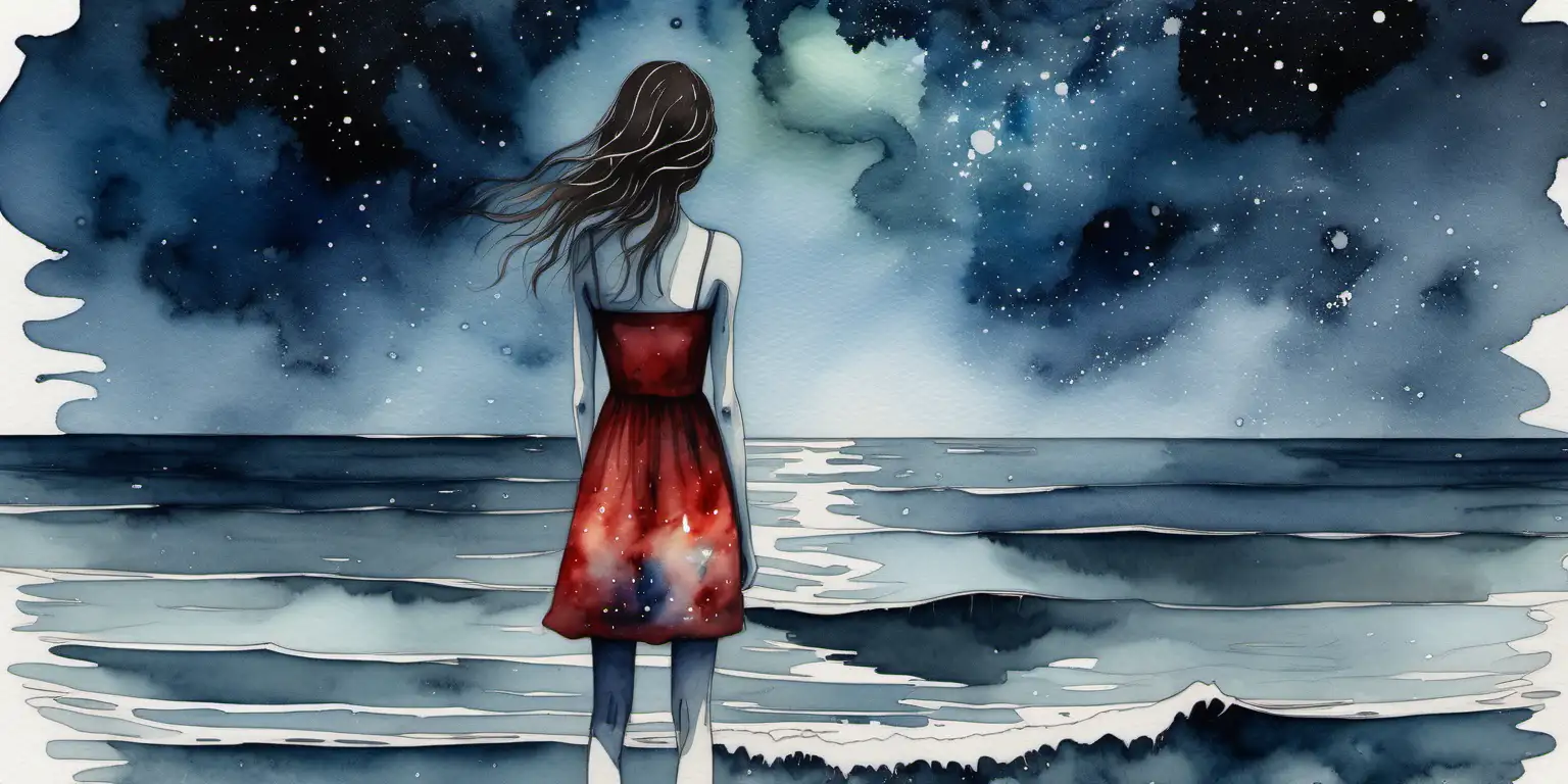 Water-color minimalist painting of a girl with a distorted and monstrous face standing on the shore of a dark ocean with a galaxy hanging over the horizon. Girl is on the left side of the frame standing in profile view with her back slightly angled toward the viewer. The colors used in the painting should be somewhat muted and neutral with a single splash of red somewhere in the image as an accent.