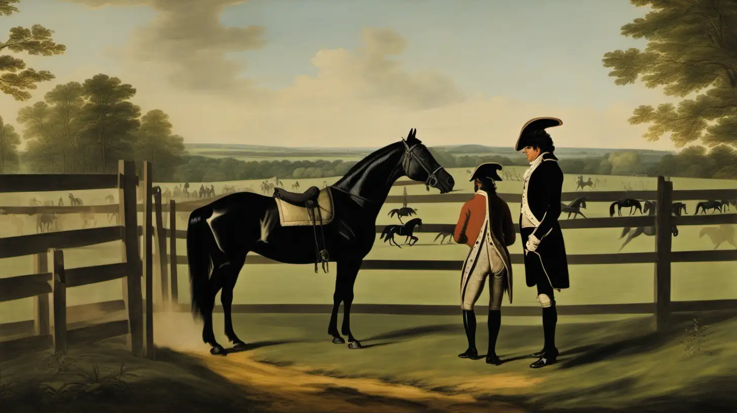 in the style of Stubbs, from a distance, two men in 18th century riding gear standing at a fence watching a number of black horses in a pasture
