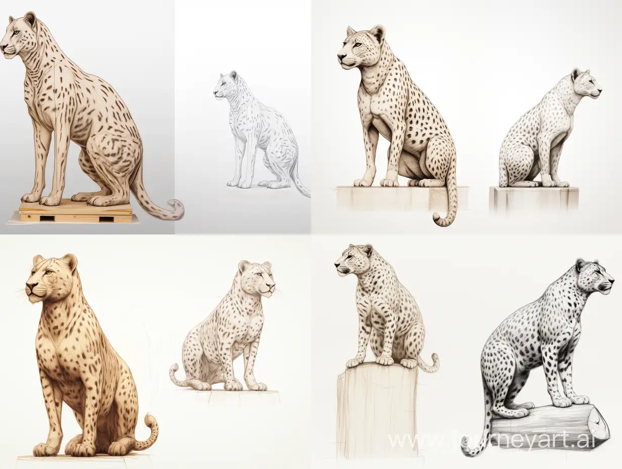 Professional sketch for wooden sculpture, a full-length cheetah in profile on a large wooden cube, professional dynamic character, front back view and side view, wood carving, white background, 8k Render, ultra realistic