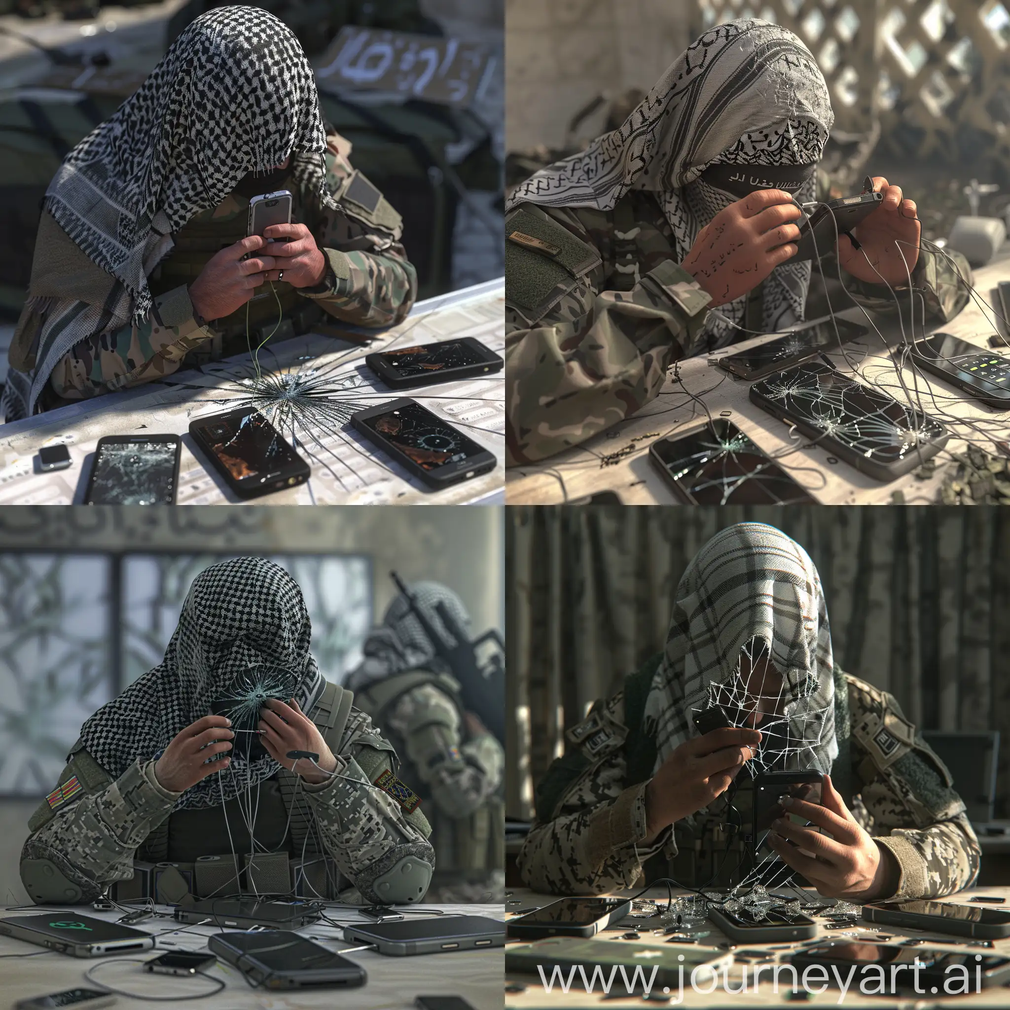 Abu Ubaida, spokesman for the Al-Qassam Brigades, is repairing phones. He is wearing a military uniform and his face is covered with a Palestinian shawl. Phones are on a table, 3D Style، Broken phone background