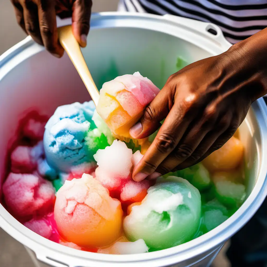 CREATE A CLOSE UP OF AN COLORFUL ITALIAN ICE BEING SCOOPED FROM A WHITE PLASTIC BUCKET WITH AFRICAN AMERICAN HANDS