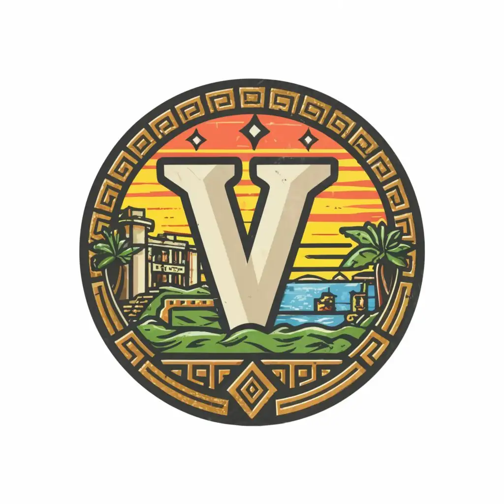 logo, Logo Symbol: Bauhaus style, large bright letter V in center, sunset in background, stars in the sky, palm trees and mayan ruins, greek sculpture, jungle border, in circular badge, with the text "Vespertine", typography, be used in Sports Fitness industry