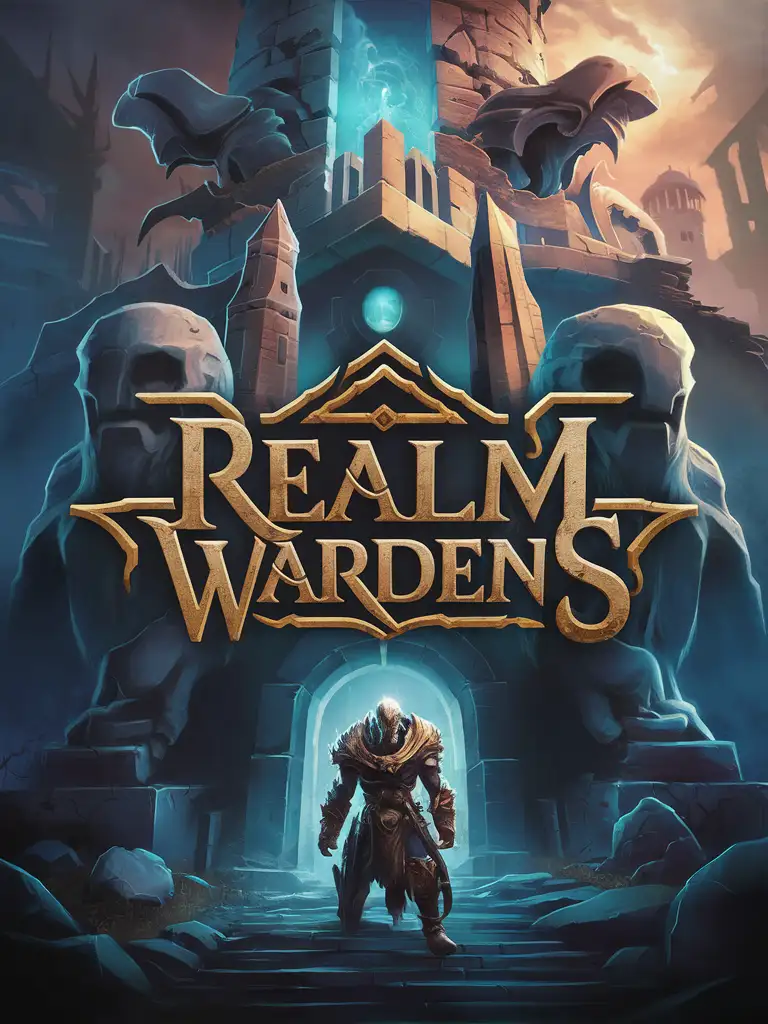 STYLIZED GAME ART WITH LOGO ONLY "REALM WARDENS" LOOMING STATUES ANCIENT FANTASY RUINS TOWER PORTAL, SENTINEL DRUID WARDEN
