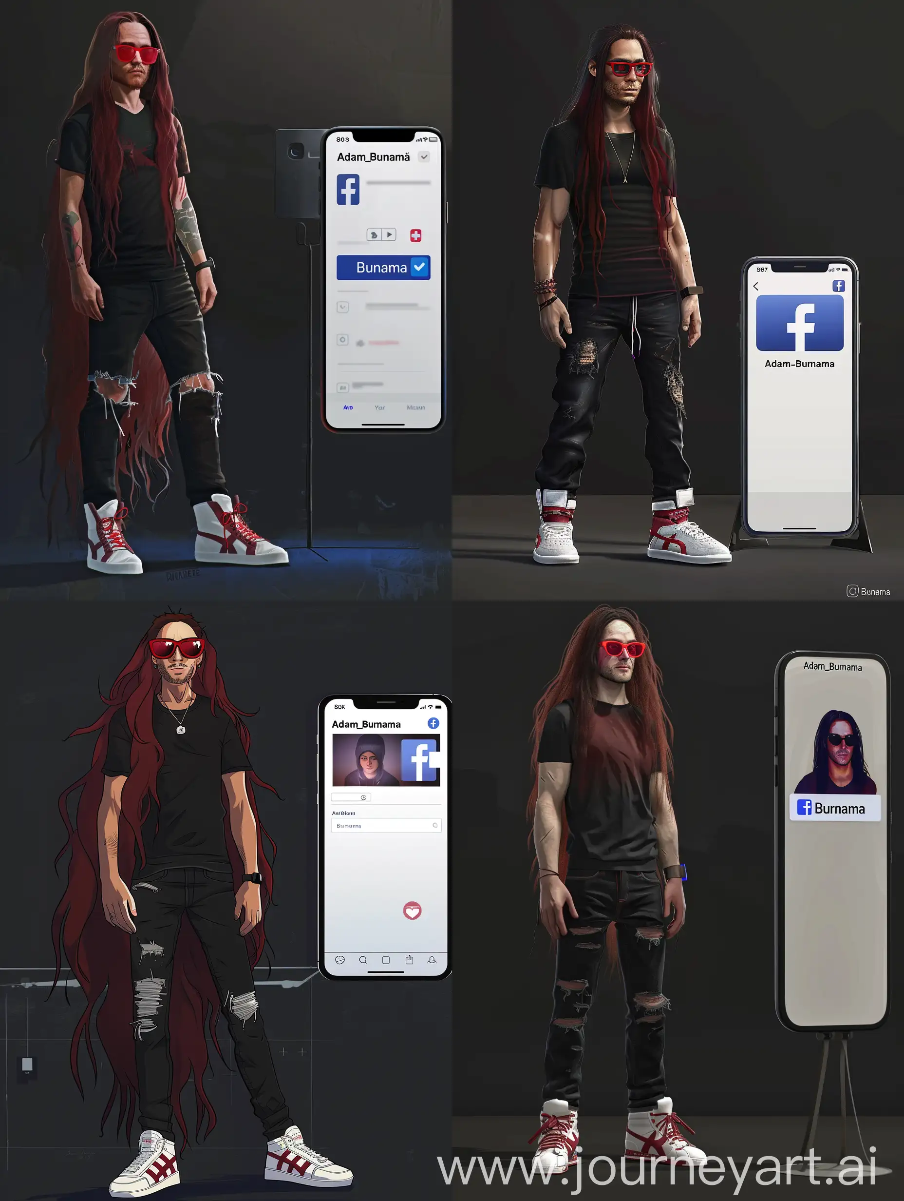 a man is standing against a dark background and this character has very long maroon hair, red glasses, a black t-shirt, black jeans, and white onitsuka boots, . to the right of the character, there is a large smartphone displaying a white Facebook profile with the username “Adam_Burnama” and a blue check symbol, which may indicate that the account is verified or popular. 8K-UHD. Very Realistic