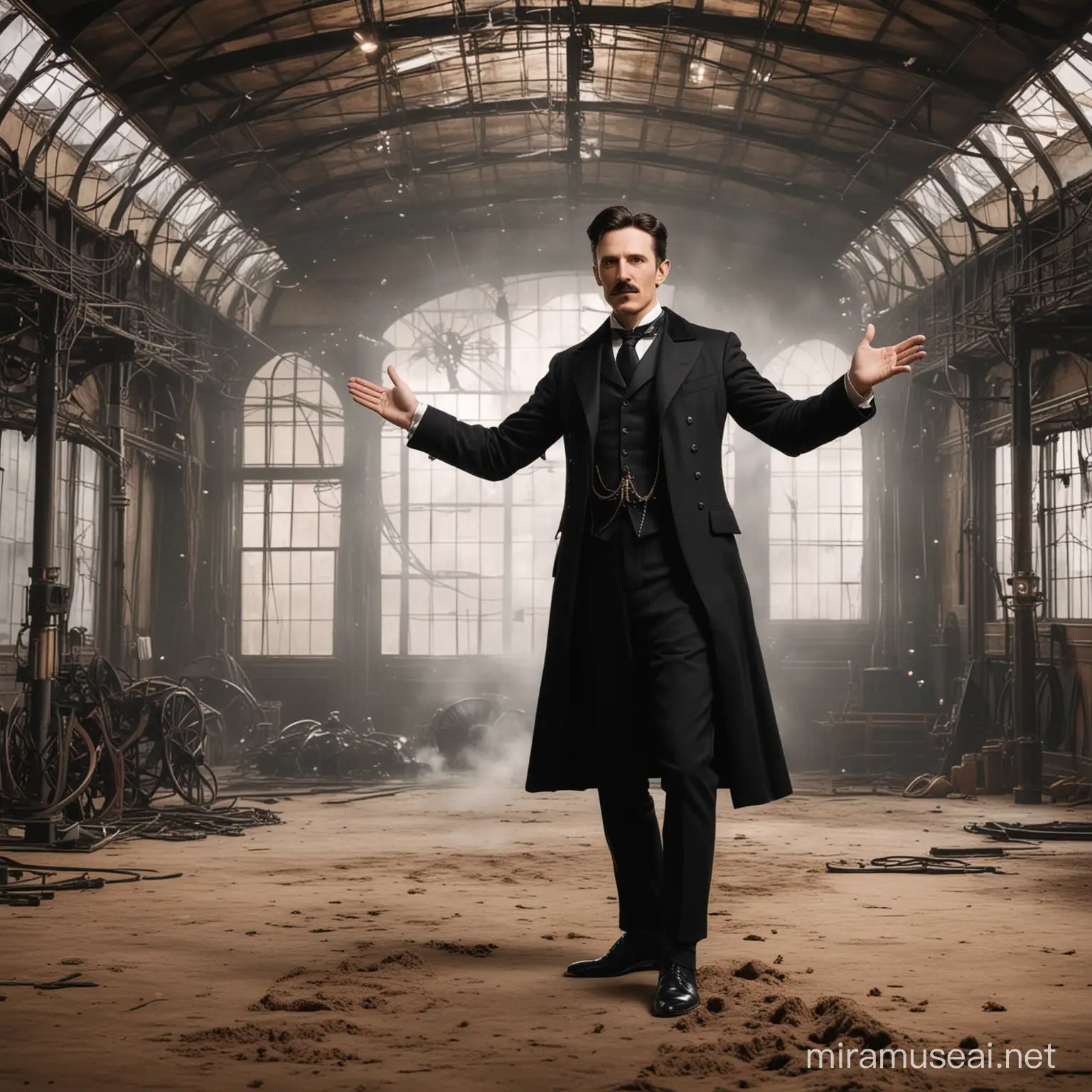 Nikola tesla stranding front of amazing indoor background 1800s and he is wearing his dapper steampunk black suit and has opened arms