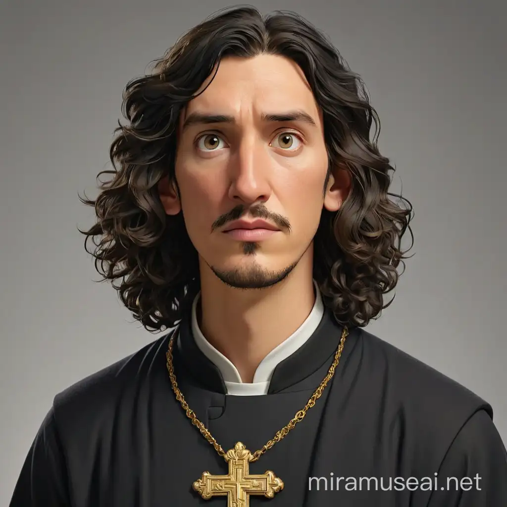 The monk in the black cassock 40 years old. long-haired, few curly hair and black-haired man with a large golden cross on his neck. Looks like an ugly Adam Driver.   He has a short mustache. We can see his full height, every foot and every hand. In realism style, 3D animation.