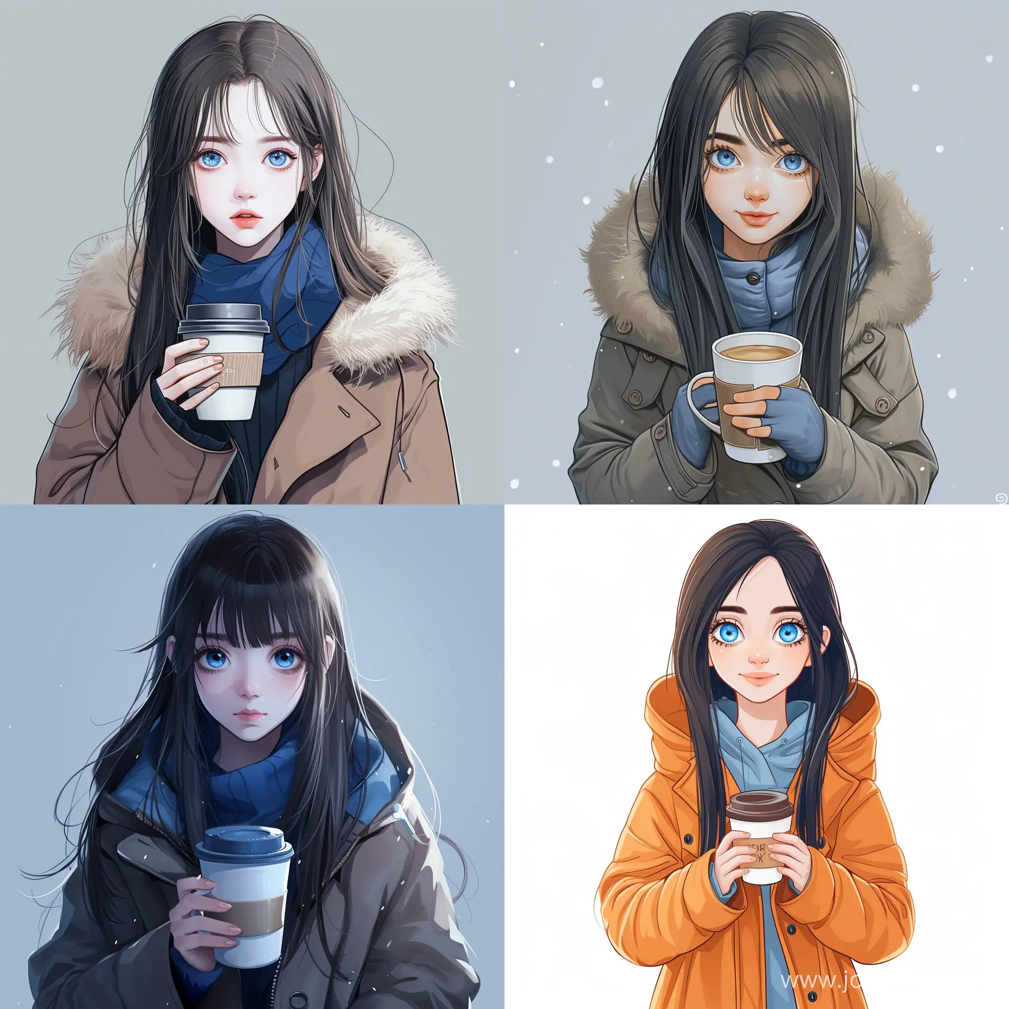 Beautiful girl, straight dark hair, blue eyes, white skin, teenager, 15 years old, coat, winter, holding a cup of coffee, high quality, high detail, cartoon art