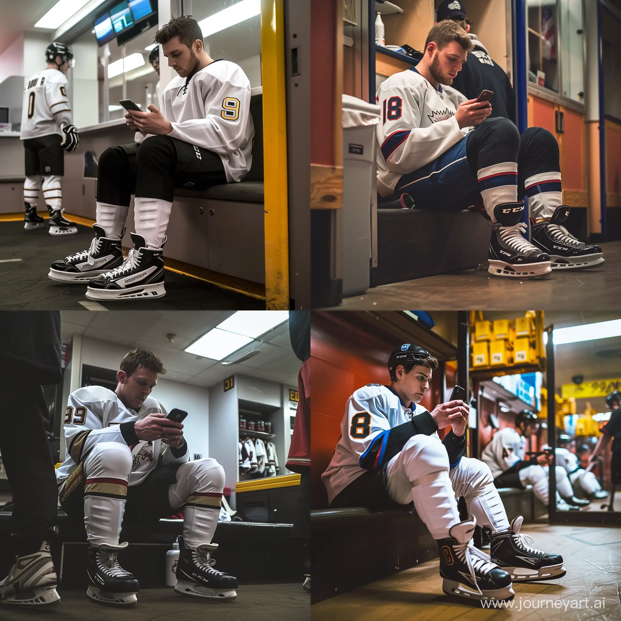 Hockey-Player-Relaxing-in-Locker-Room-with-Smartphone