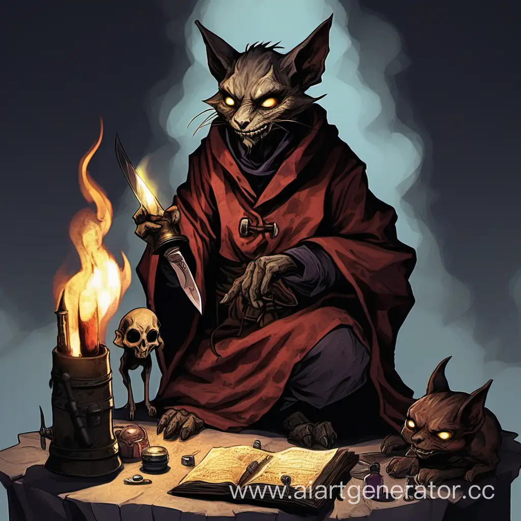 A withered Tabaxi alchemist, He is dressed in an old burnt robe with a knife in a sheath and a tiny demon sits on his shoulder and whispers something in his ear
, looking at the newly created bomb in his paws.