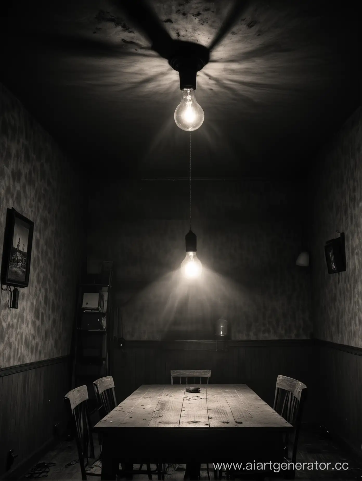 комната маньяка, за столом, в темноте, лампочка на потолке. 