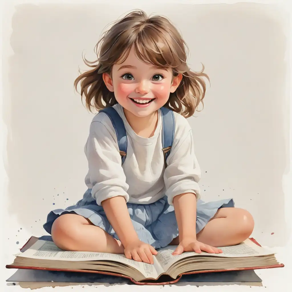akvarel realistická ilustrace, dívka sedí na otevřené velké knize, dítě se usmívá, akvarel ilustrace, bílé pozadí