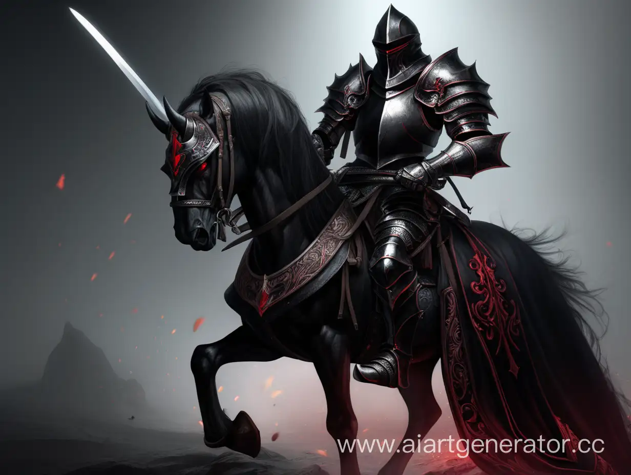 Evil knight, horseman, dressed in the black armour, eyes shining red, pale skin,long sword