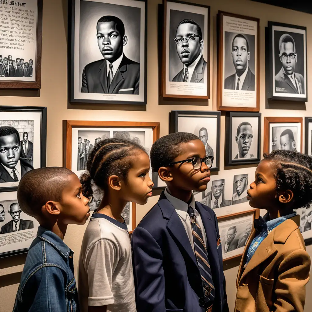 hyper realistic young black boys and black girls looking at a wall that have pictures of black civil rights leaders of MLK, Malcolm X, Marcus Garvey, Rosa Parks, Fredrick Douglas, Harriet Tubman at  a african american museum