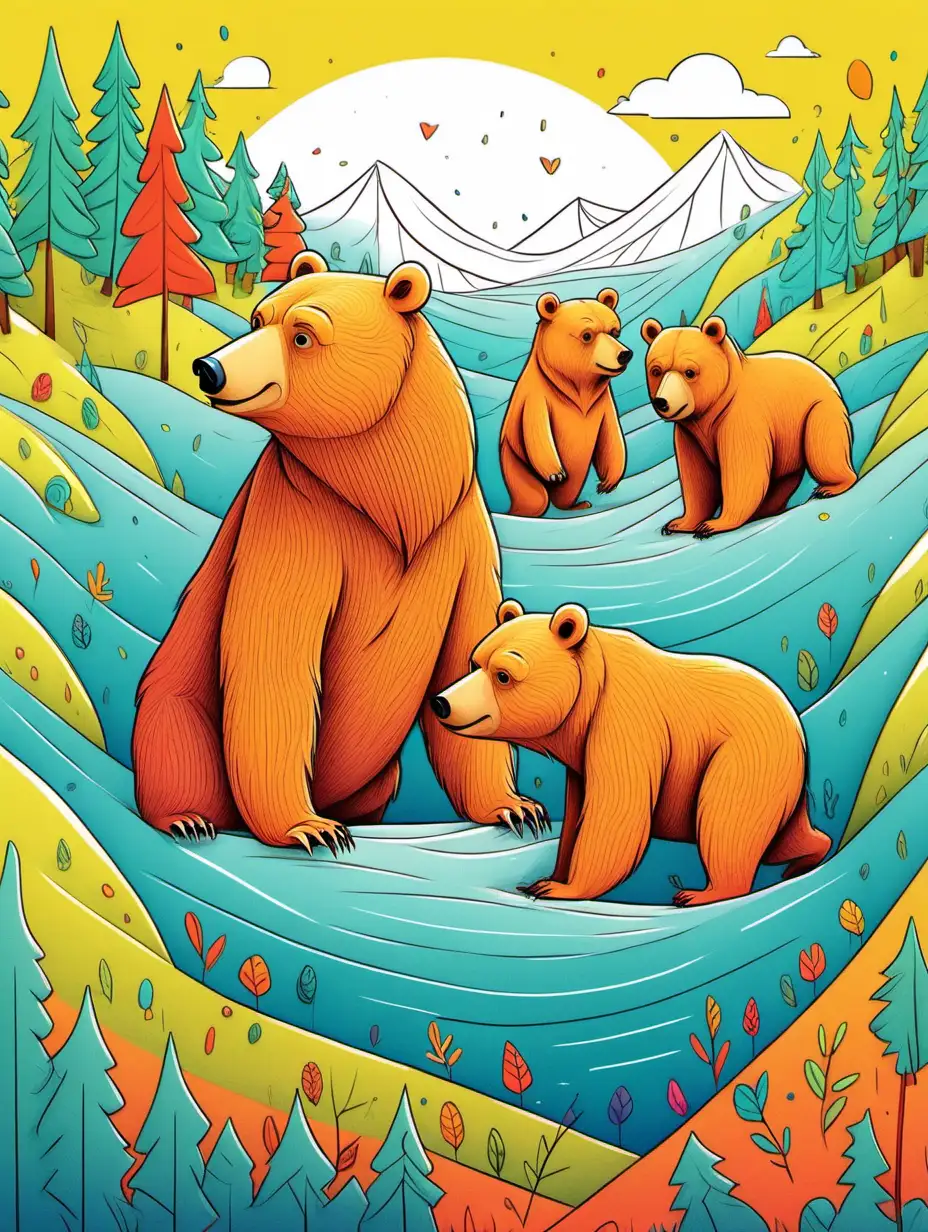 kids illustrations, Bears, thick lines, low detail, vivid color