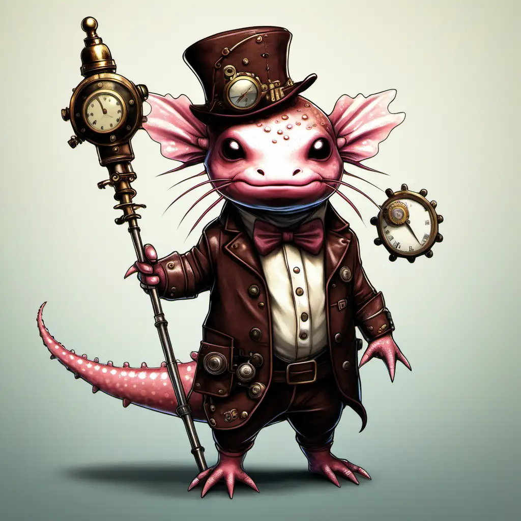 An axolotl standing with a staff in hand, darkbrown skin, steam punk theme