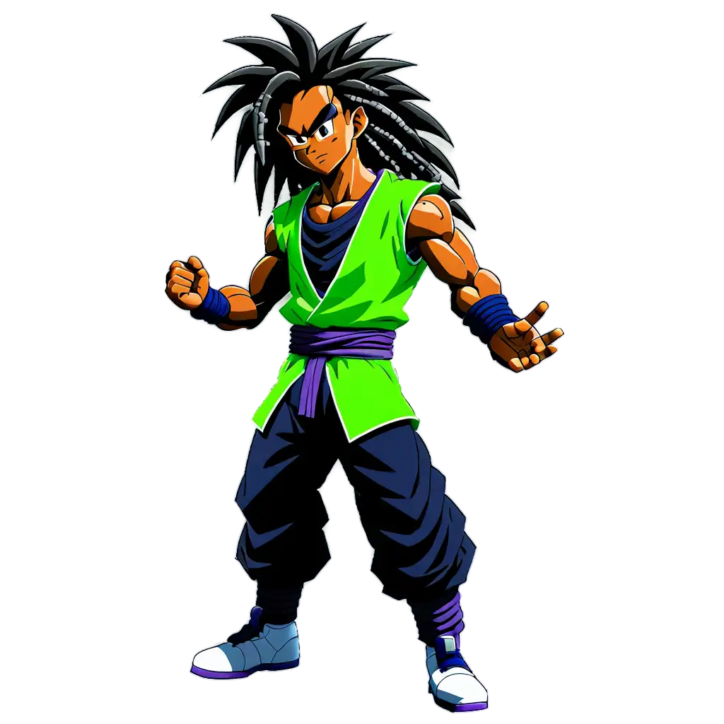 In the style of dragon Ball z anime, create a powerful black man with long dreadlocks with a PS4 controller floating near him for his clothes only use the  colors of neon green metallic purple black and grey for his clothes with a powerful aura around him with the same colors 