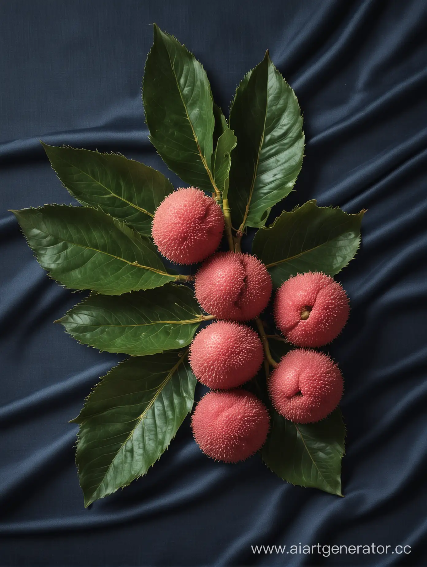 Lychee with green leaves on dark rblue silk cloth