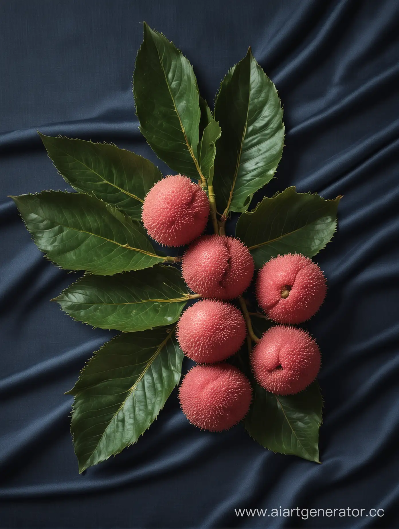 Fresh-Lychees-with-Verdant-Leaves-on-Rich-Dark-Blue-Silk