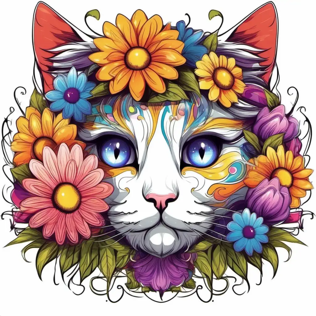 A gourgeous cat head and colorful flowers around it