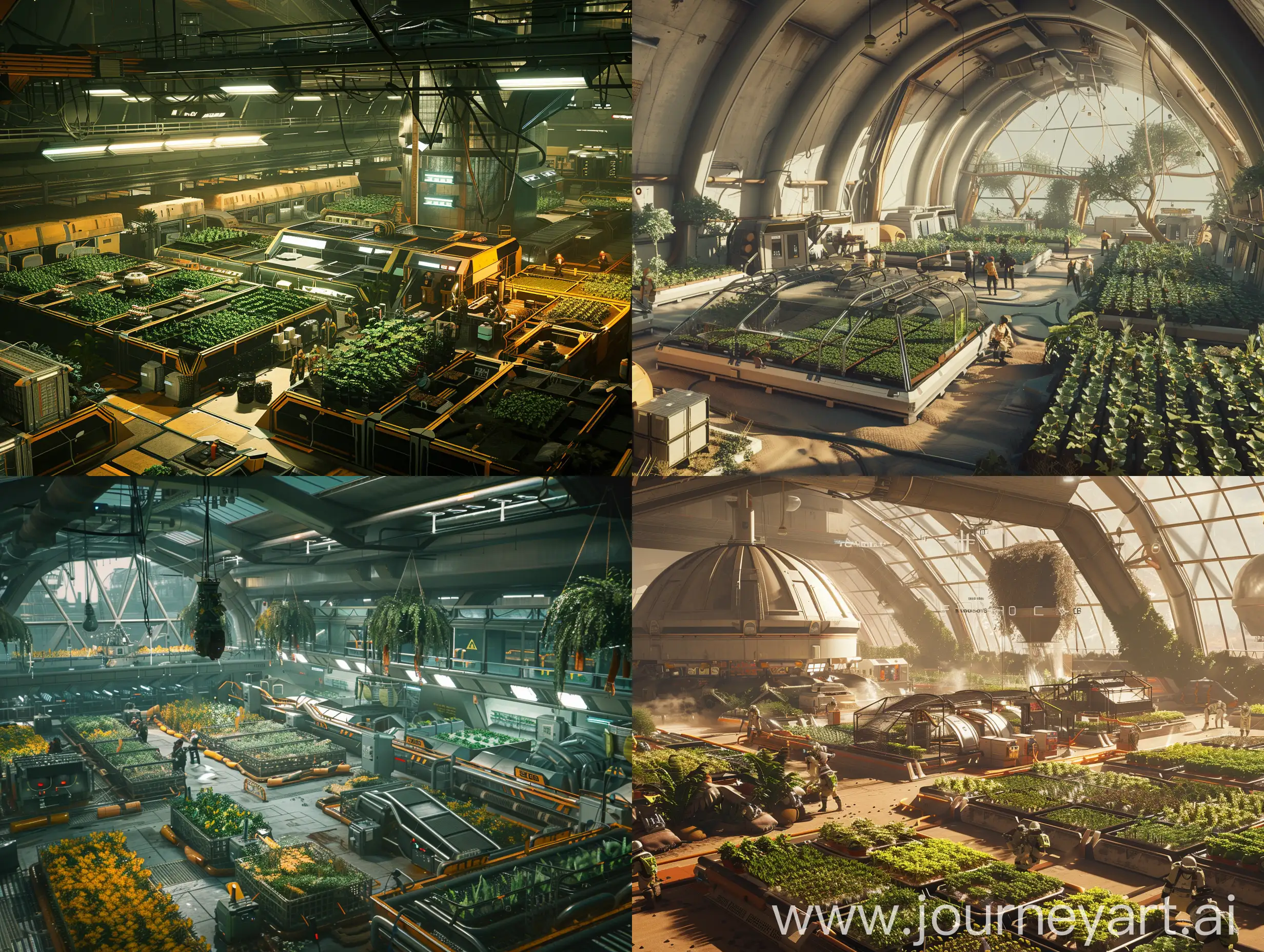 The location is a large agricultural base. a complex for growing crops
with a settlement of colonists working on it. There are many technical rooms on the base about hydroponics and plant breeding. brutalism
star citizen style. interesting architectural design. 8k unreal engine