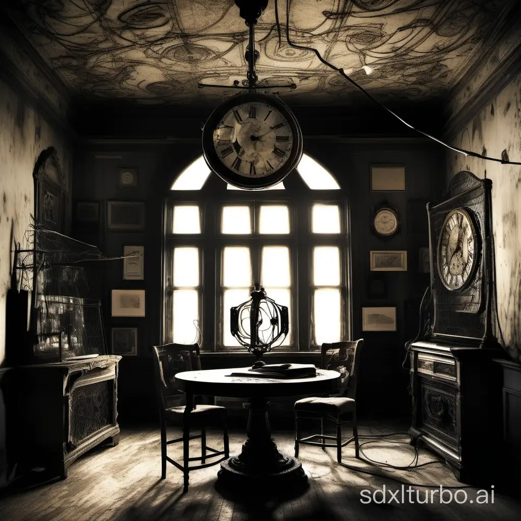 In a dimly lit room, an antique tungsten filament lamp hangs from black wires in the center. The subdued atmosphere spreads like ink dropped into clear water. At the heart of the room rests a large round table, its surface weathered and worn. On the table stands a small ornate mantel clock, its intricate patterns ticking away.