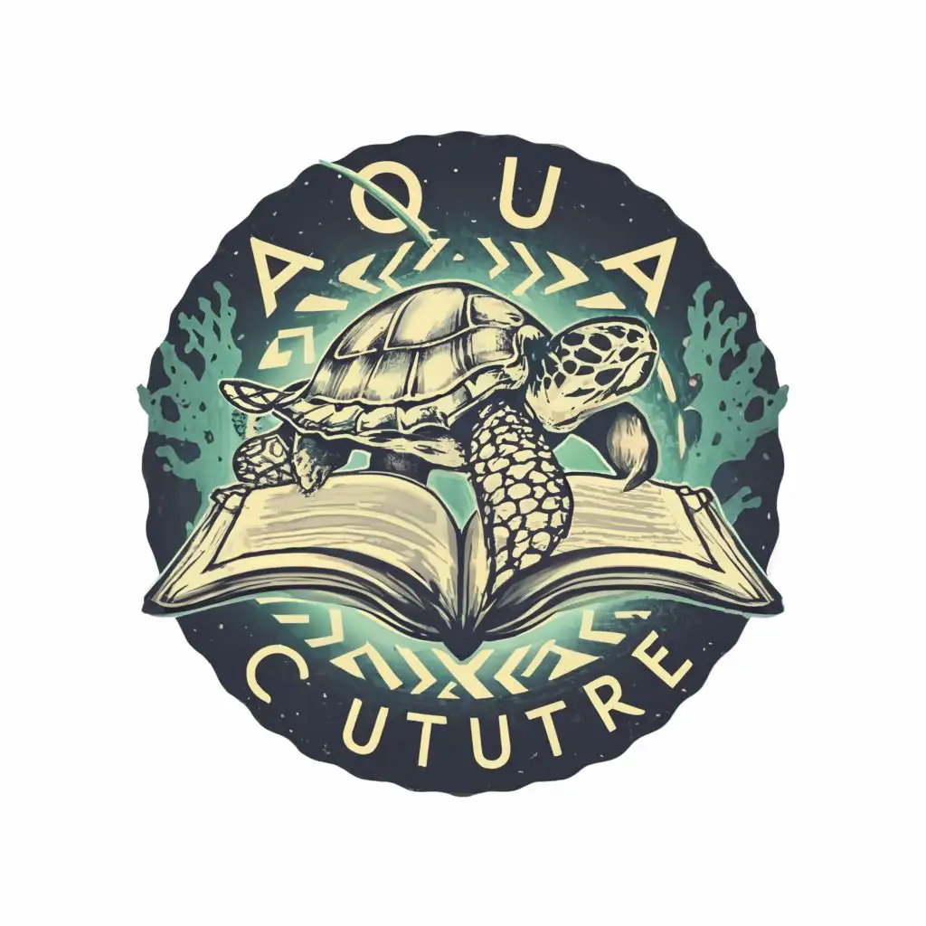logo, sea turtle reading abook, with the text "Aqua Culture", typography black and white