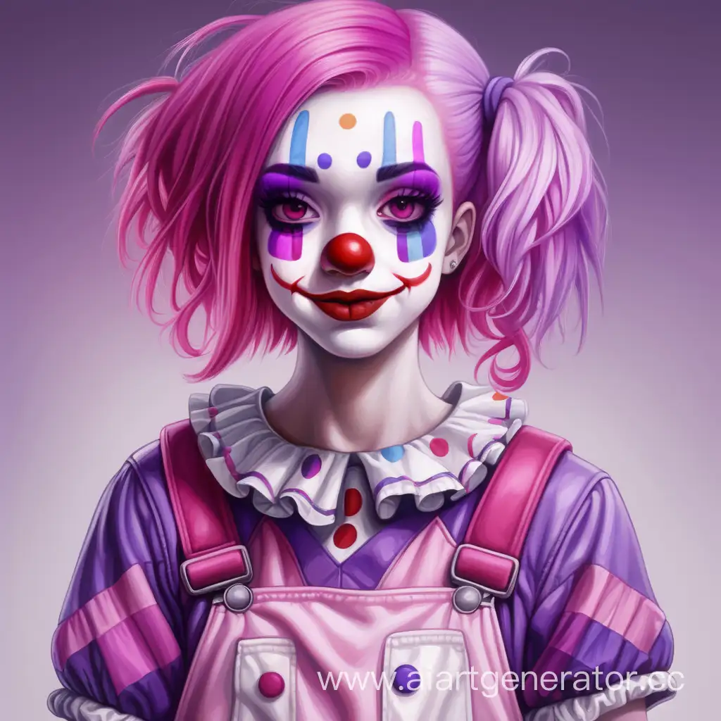 эмо девочка клоун с средним, розовыми волосами с одеждой фиолетового, белого и розового цвета
