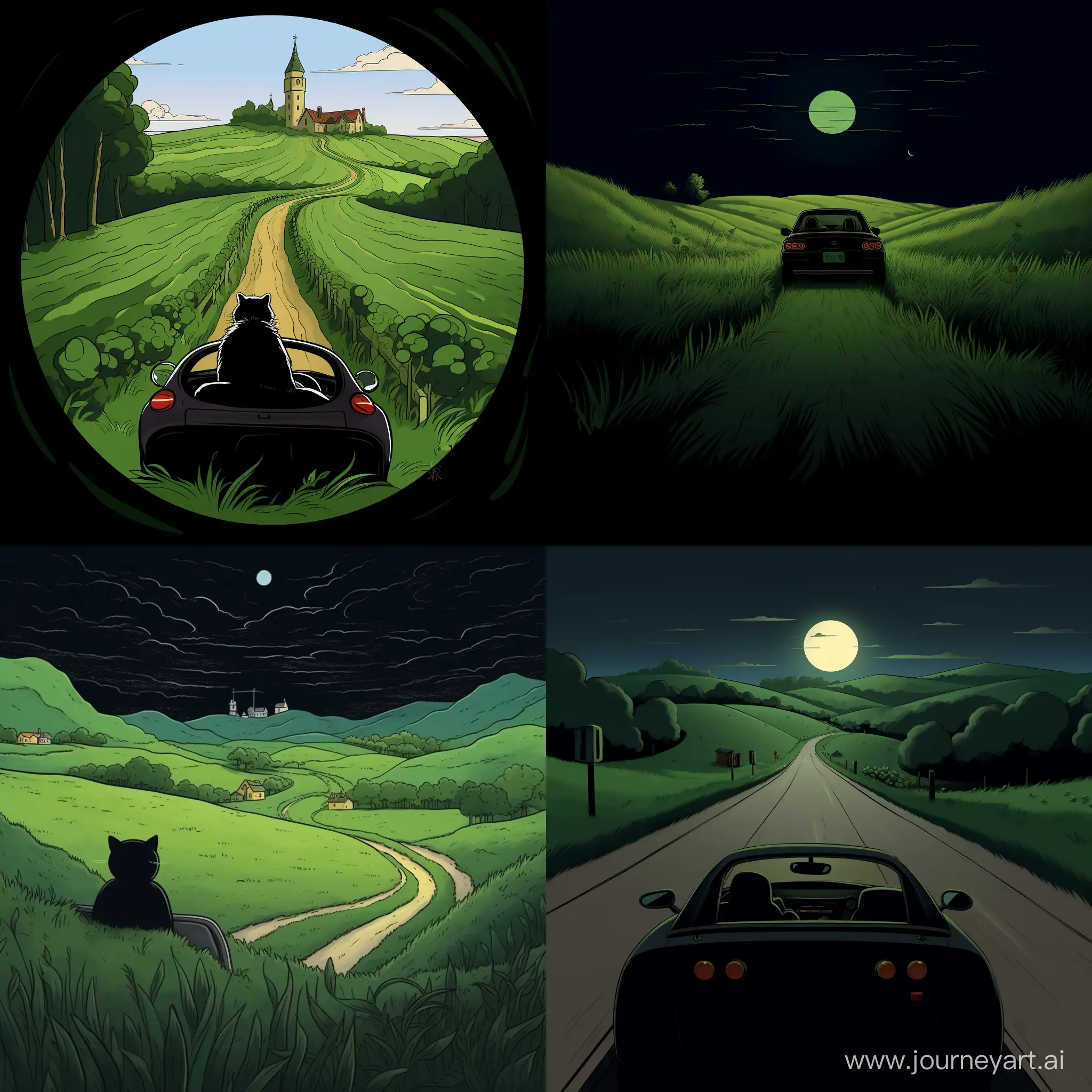 Melancholic-Raccoon-Cruising-in-a-Green-Mazda-MX5-Through-GhibliInspired-Fields