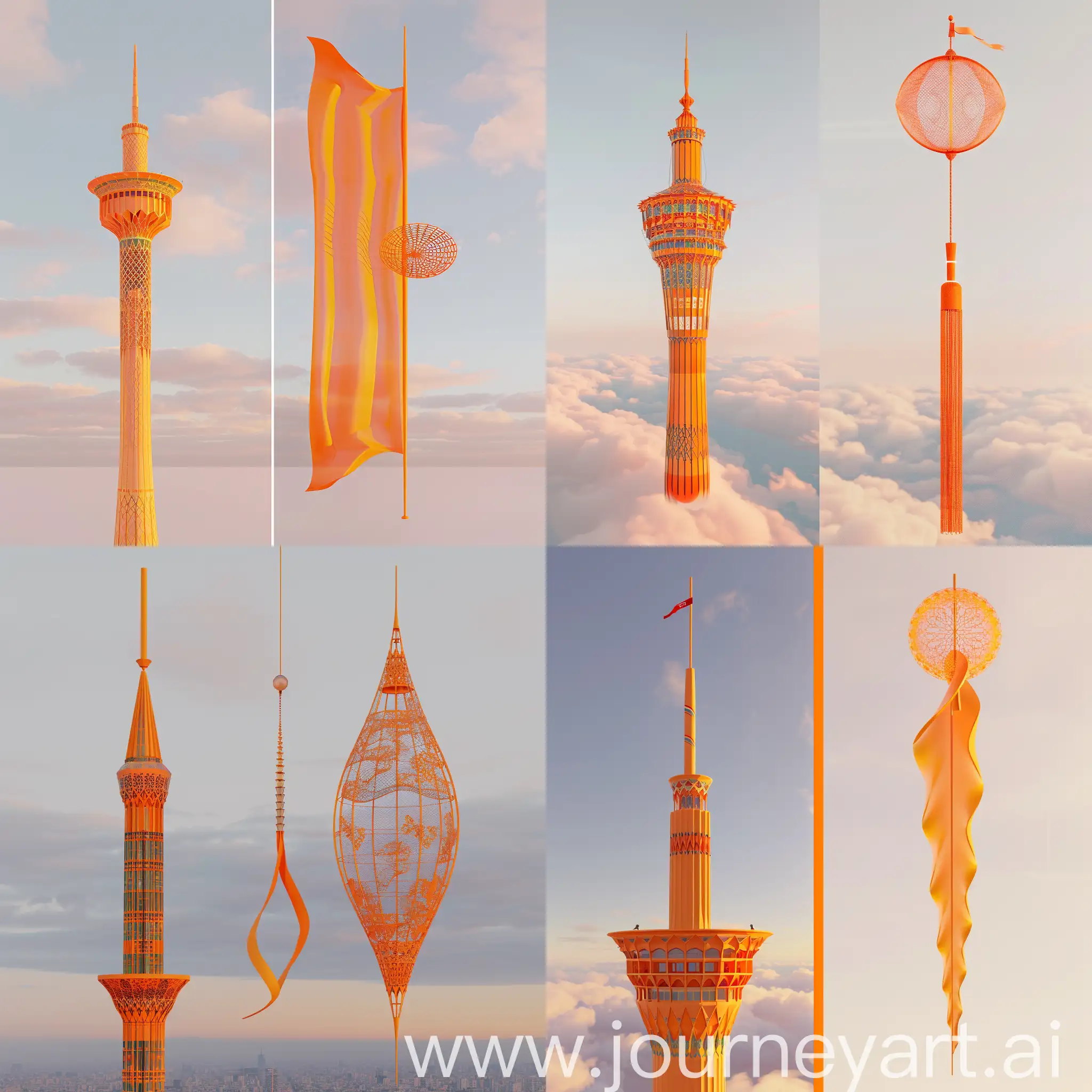 یک بنر برام طراحی کن که سمت چپ آن برج میلاد تهران باشد اما به رنگ نارنجی و در سمت راست آن هم یک بادگیر به رنگ نارنجی باشد و پس زمینه این  کار هم اسمان باشد با نور ملایم روز طرح به صورت سه بعدی باشد 