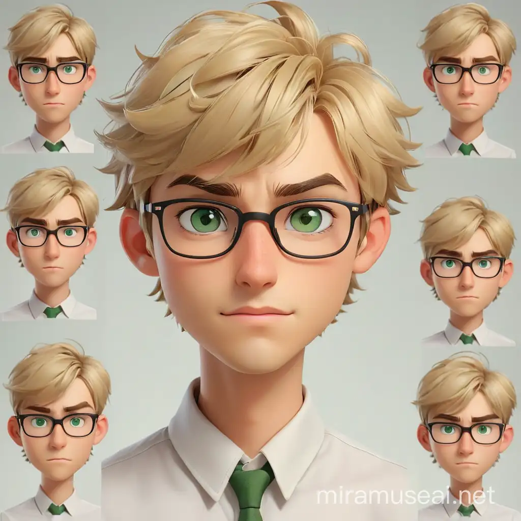 A blonde thin young man with glasses and GREEN eyes. human heads with Multiple different expressions. emotes pack. Defined outlines. Human face. Dynamic expressions. White background. Chibi style.