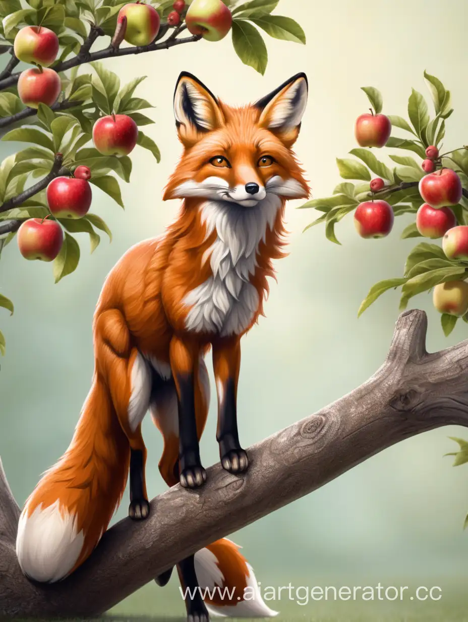 Fearful-Fox-Perched-on-Apple-Tree-Branch
