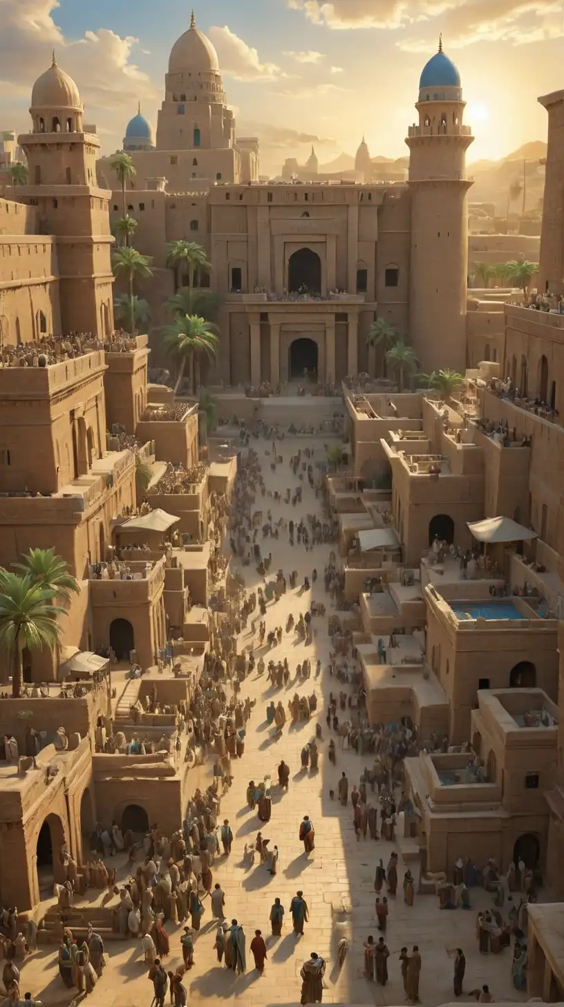 "Create a scene depicting Daniel's arrival in Babylon as a captive. Show the bustling streets, the imposing Babylonian architecture, and the look of determination on Daniel's face as he enters this new city."