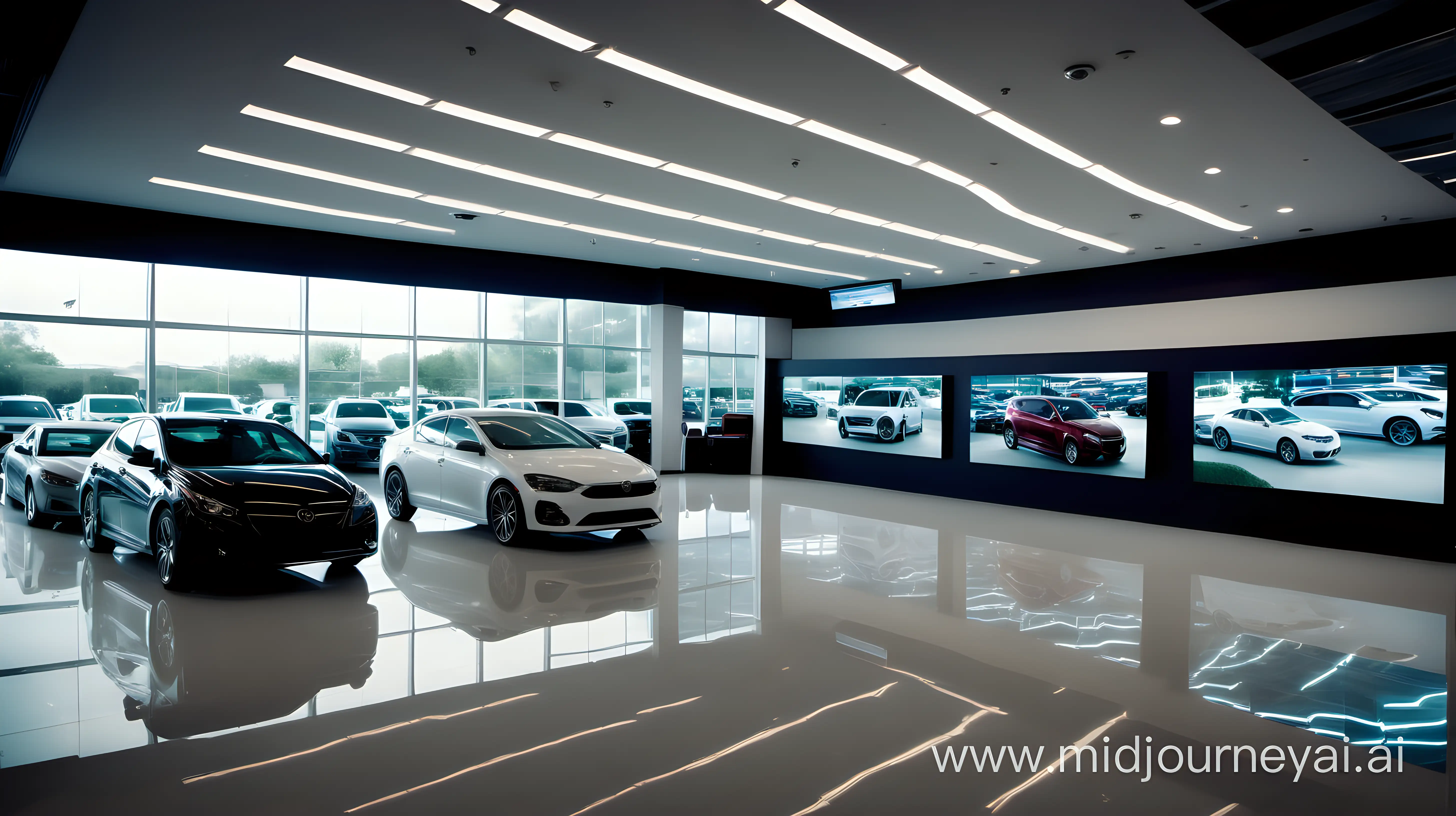 Bright lit automotive dealership showroom with a few cars in the foreground and three video displays on the wall in the background, cinematic,
