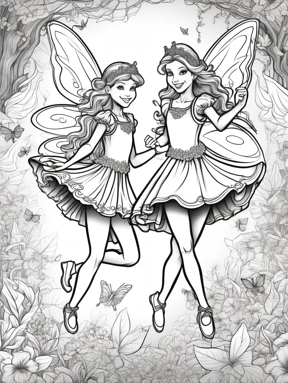 creat an illustration style cover for a coloring book, vivid color , low detail, theme fairys and princesses doing energetic dancing
, targeting girls ages 5 to12


