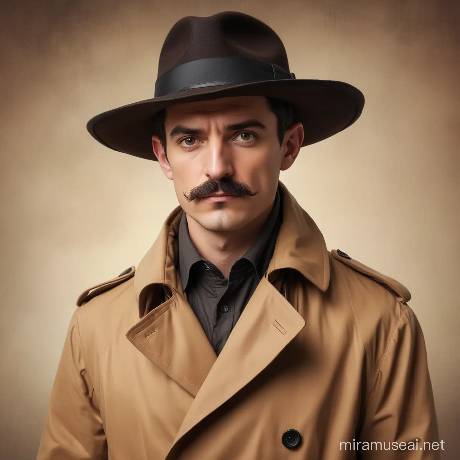 serious tall spindly mustachioed man with short wide head, a brown trench coat, and a wide brimmed black hat