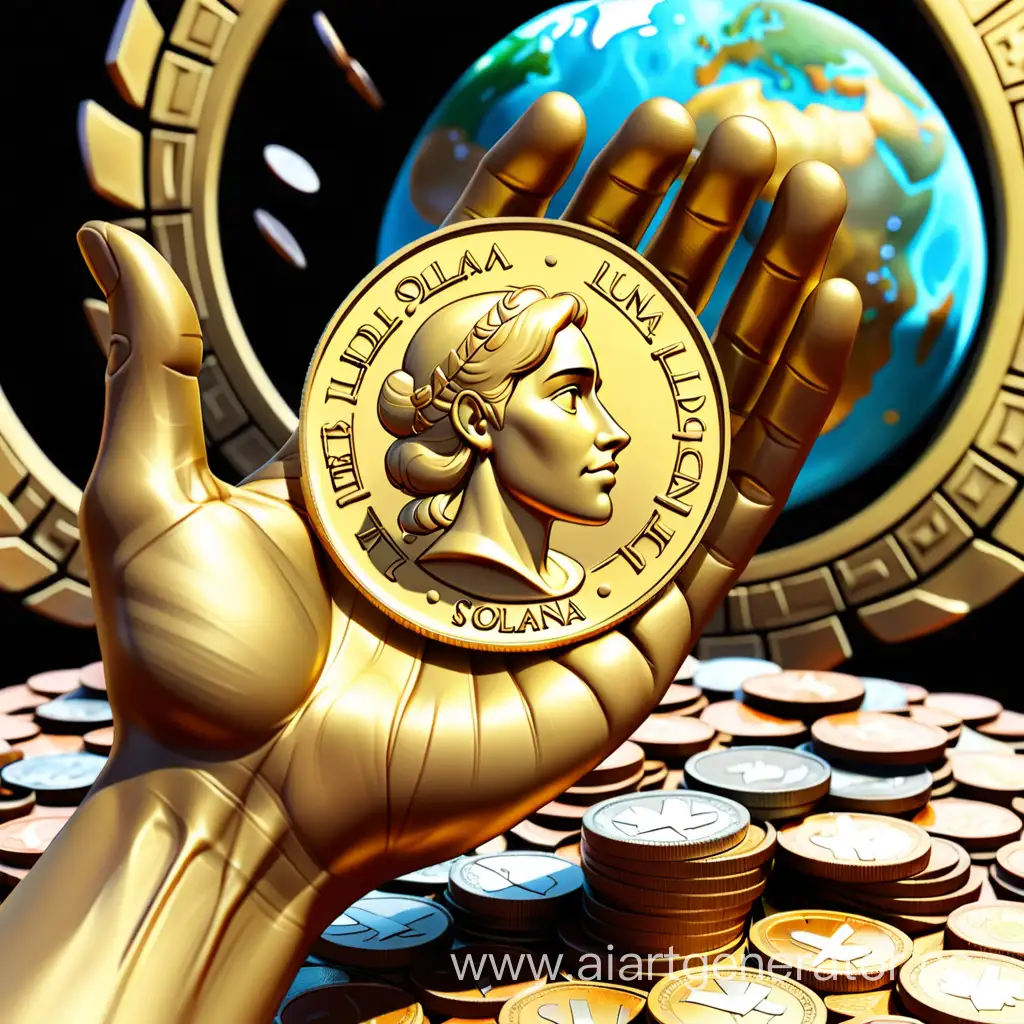 Золотая рука перед миром держит монету с названием Solana, на заднем фоне много других монет лежат