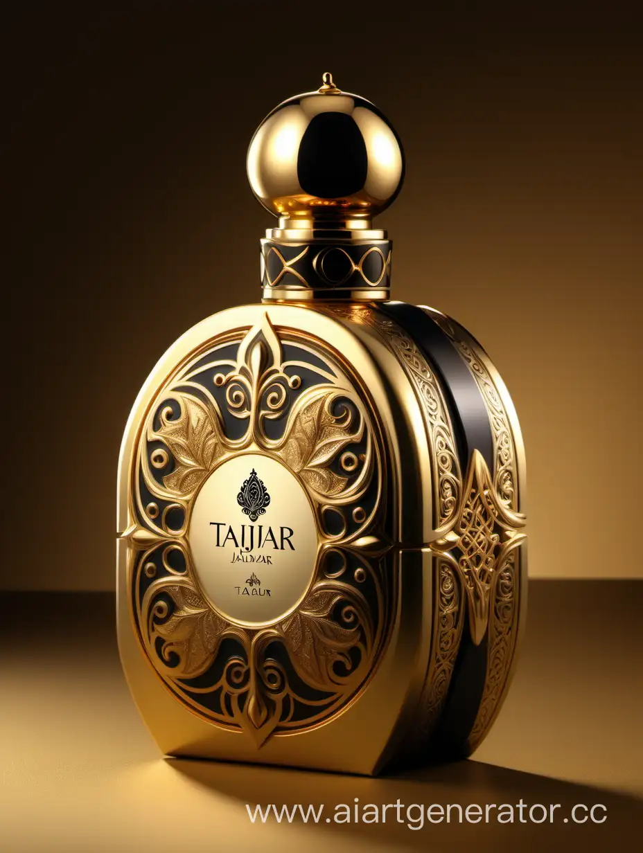 Elegant-Perfume-Box-Design-TAJDAR-Product-in-Gold-Royal-Black-and-Beige