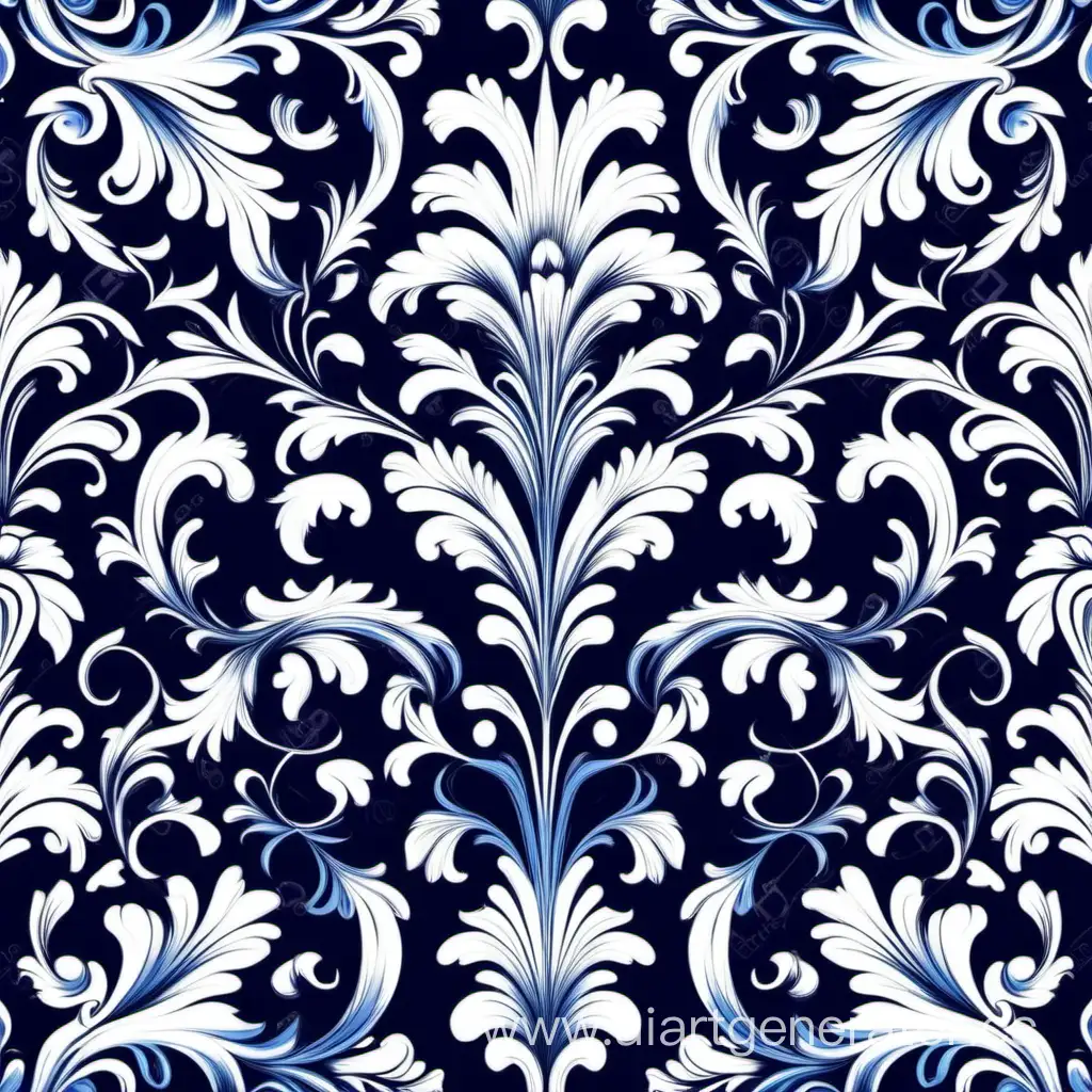 Elegant-Floral-Baroque-Pattern-in-White-and-Dark-Blue-Vector-Illustration