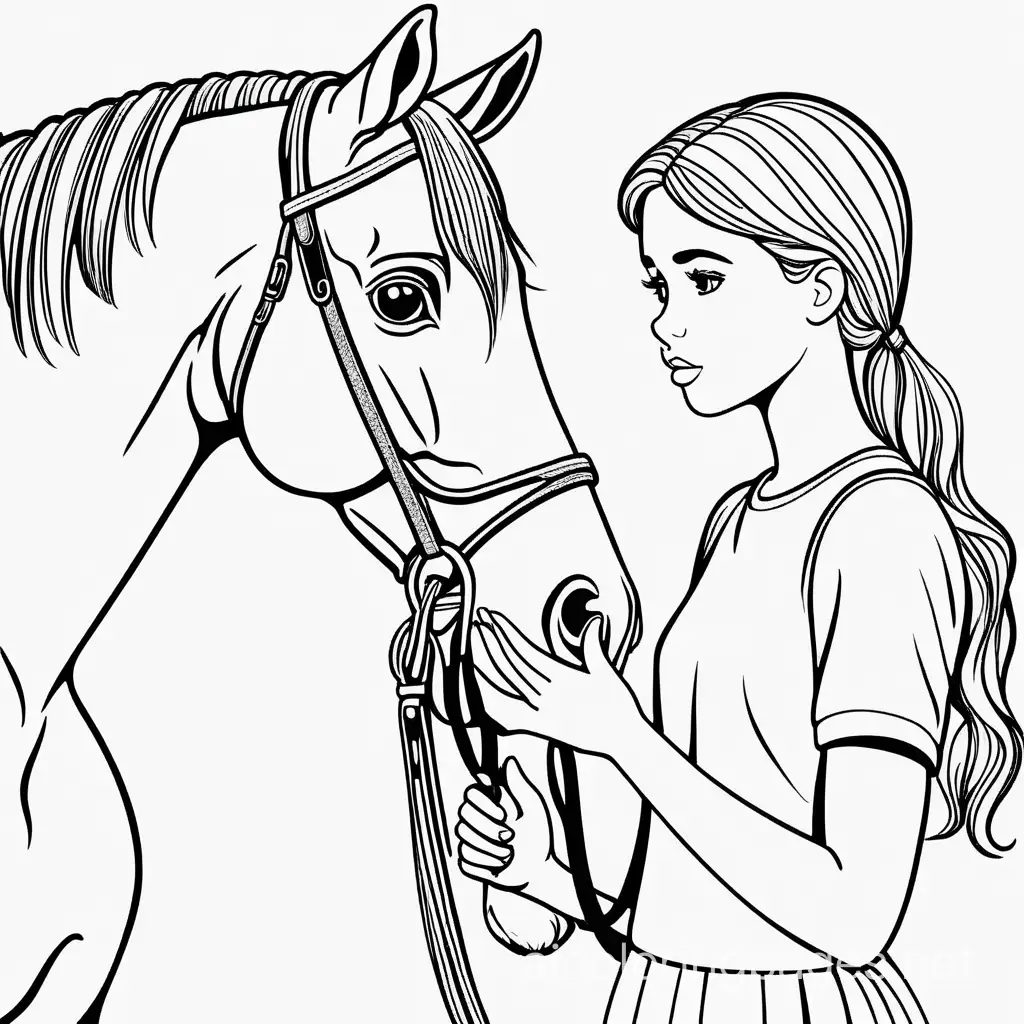A girl and her horse, Coloring Page, black and white, line art, white background, Simplicity, Ample White Space. The background of the coloring page is plain white to make it easy for young children to color within the lines. The outlines of all the subjects are easy to distinguish, making it simple for kids to color without too much difficulty