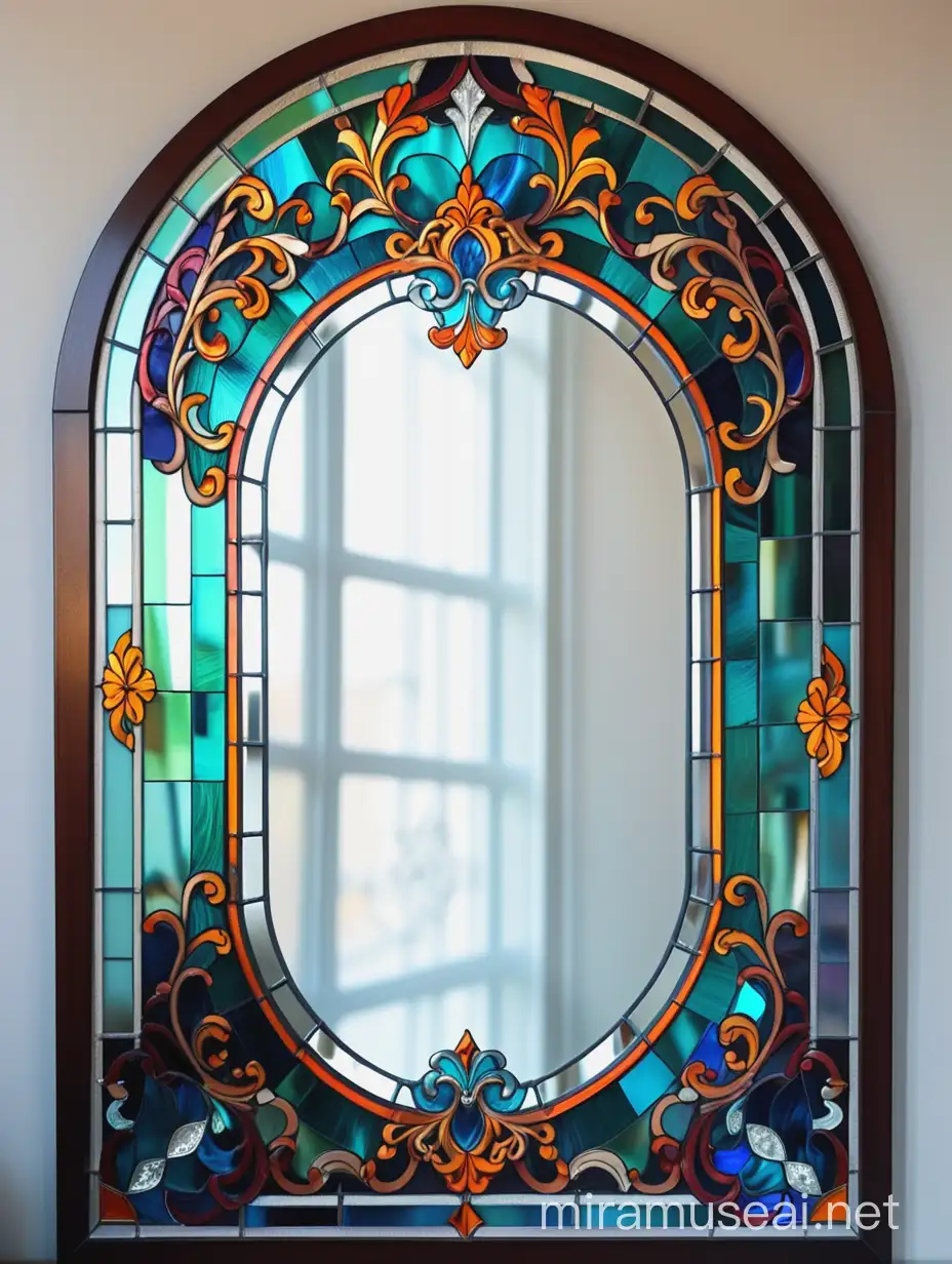 very beautiful stained glass mirror from colored glass of Tiffany hangs on a wall with elements of a classical ornament