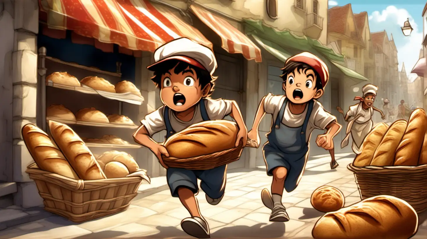 A poor young boy is running away from the market with a loaf of bread in his hand.
The boy is wearing a hat.
The boy only stole one baguette.

Behind the boy, an adult bakery owner chases the young boy with an angry look on his face.

The characters in the picture are a boy who steals bread and runs away, and a bakery owner.

soft fairy tale illustrations
