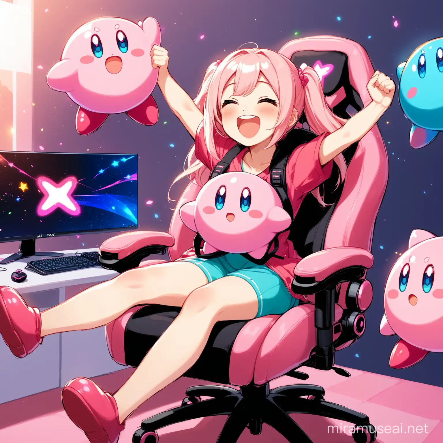 fille exité d'avoir gagné à un jeu vidéo, joyeuse, sur sa chaise gaming, avec un jolie set up gaming, led, elle jette sa pelluche kirby en haut, très contente, jambe tendu, jette kirby, joue à valorant