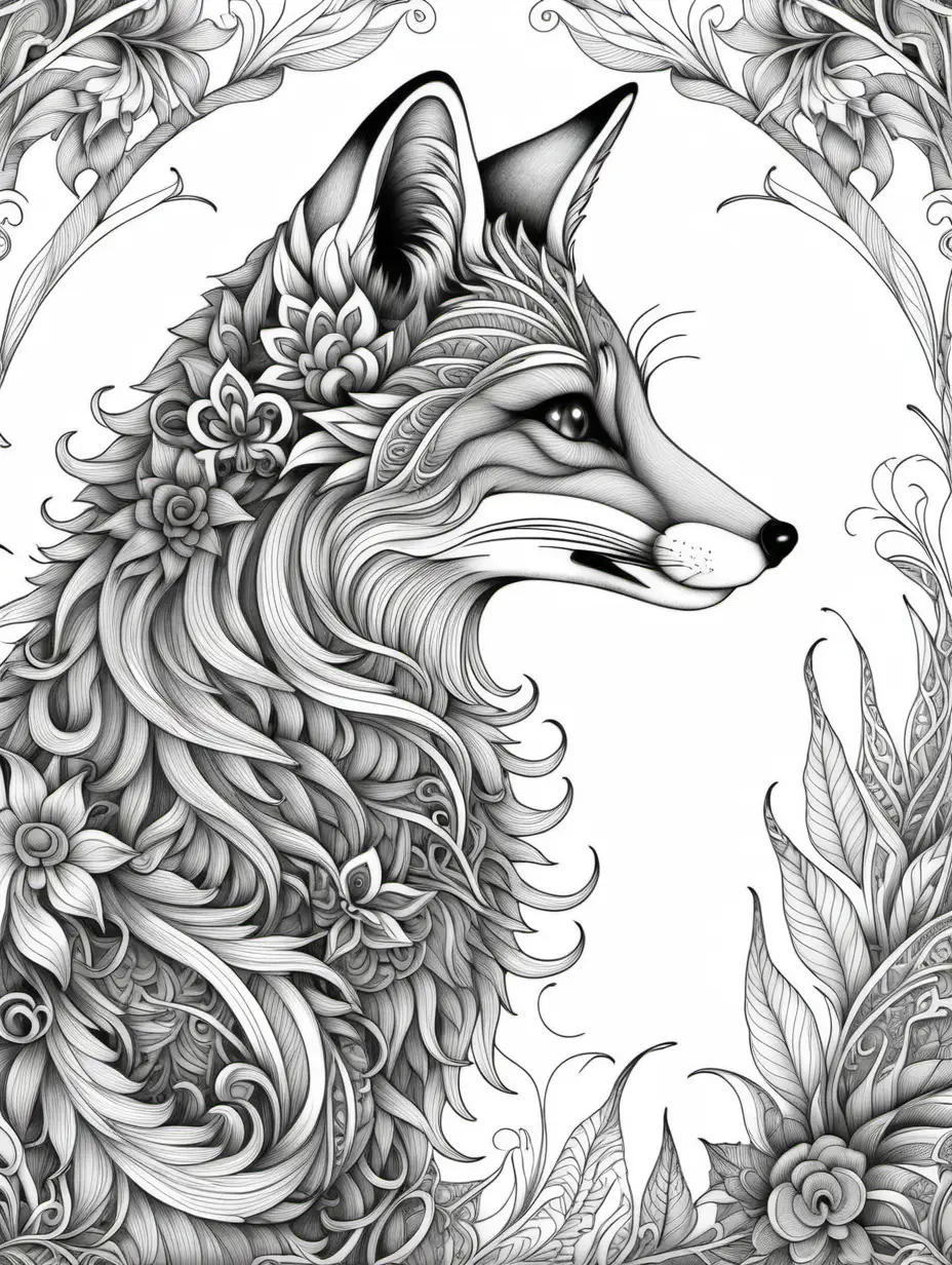  Adult coloring book,  intricate, fantasy, profile, fox, high detail, no shading, 

