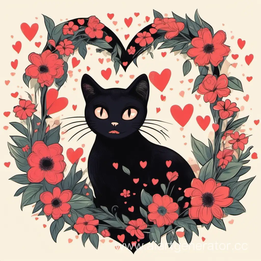 черный кот с цветами и сердечками