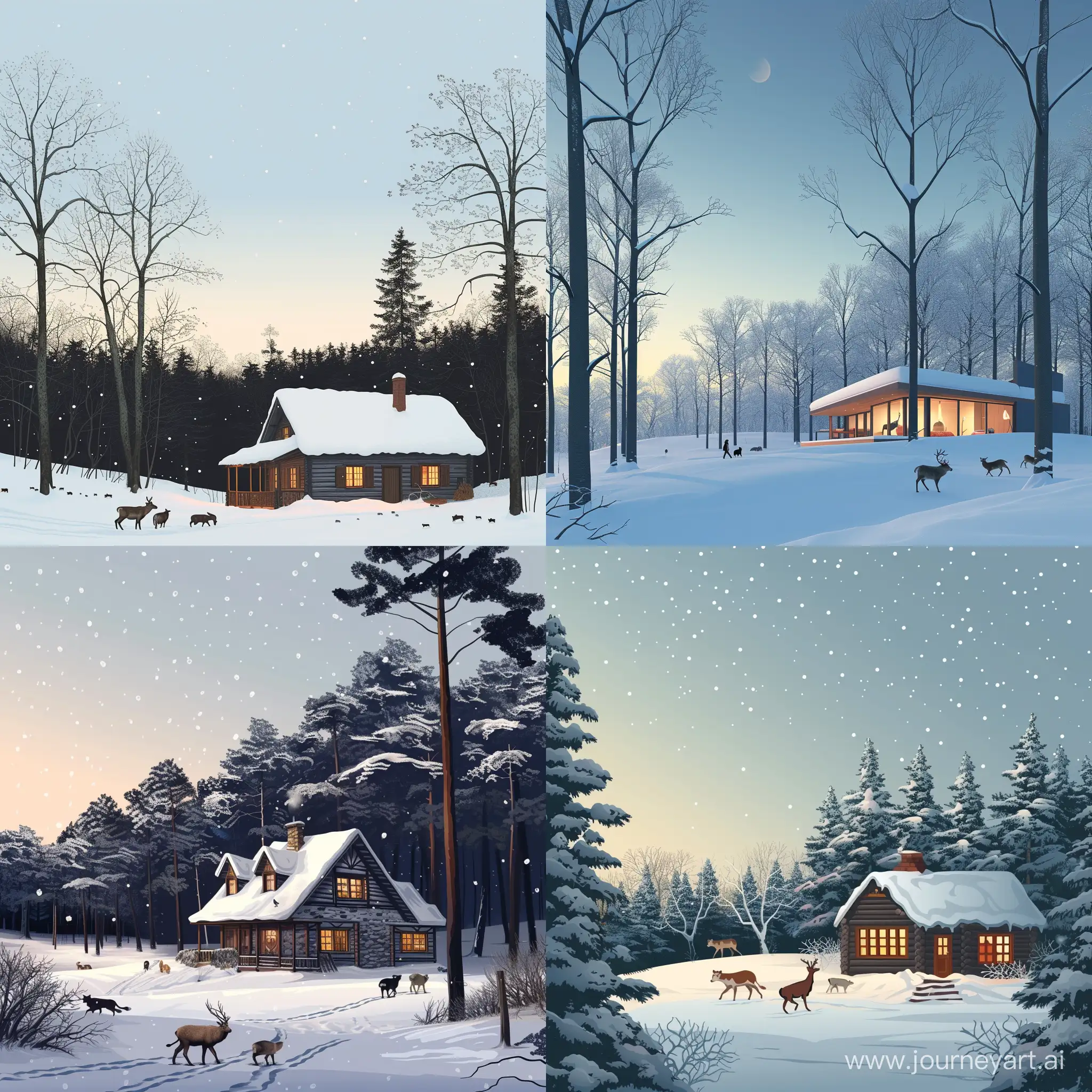 Зимний дом. Снег. Чистое небо. Вечерний лес ходят животные.